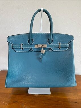 Blue Leather Structured Satchel Bag - Women 35cm